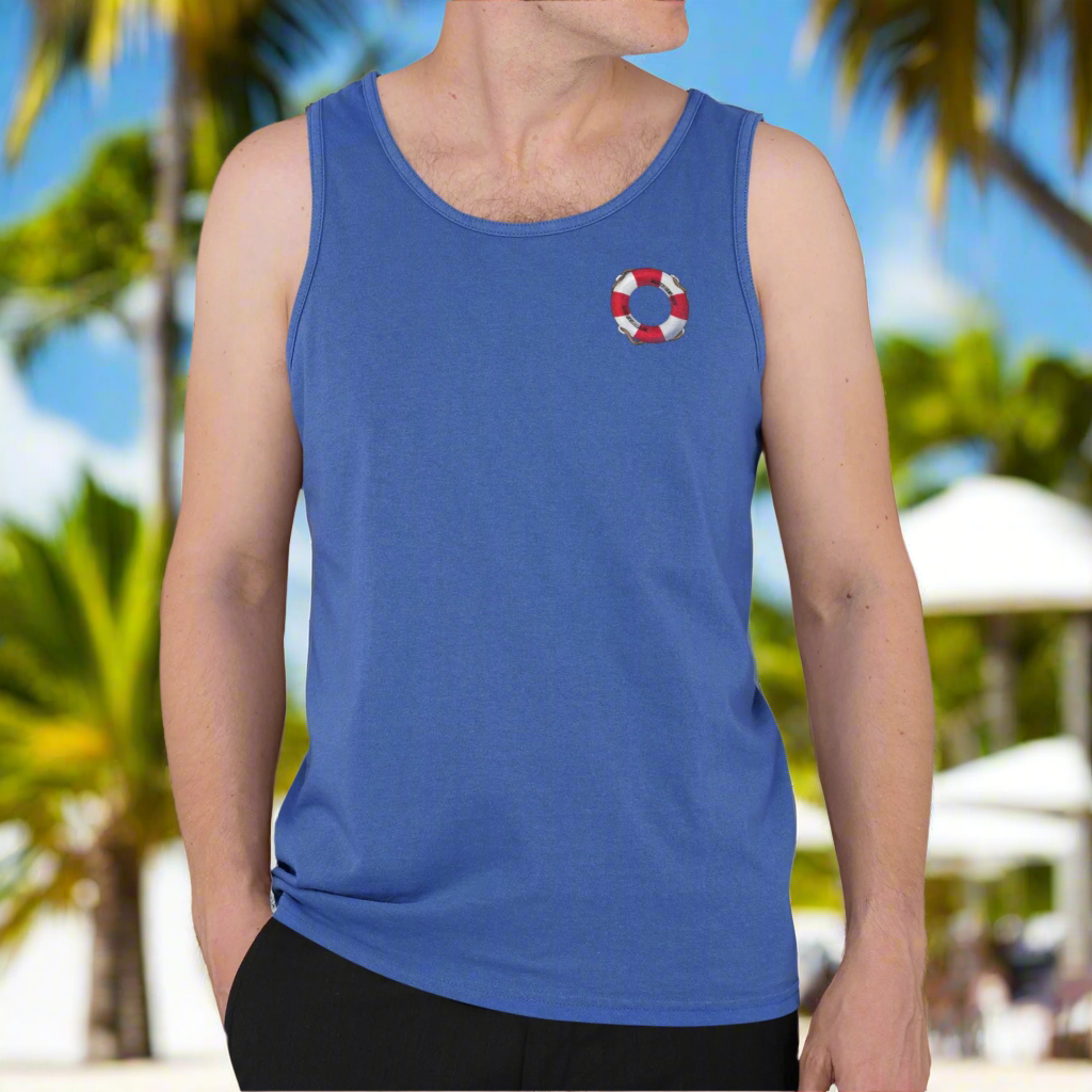 Blue unisex beach tank top with small lifebuoy design on chest, lightweight and casual for summer vacation.