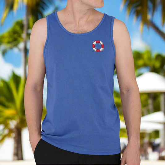 Blue unisex beach tank top with small lifebuoy design on chest, lightweight and casual for summer vacation.