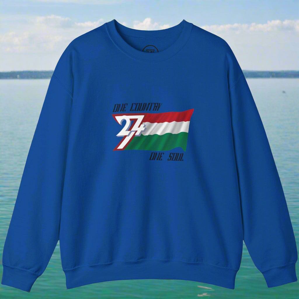 Blue unisex sweatshirt with Hungary flag and "One Country One Soul" text design