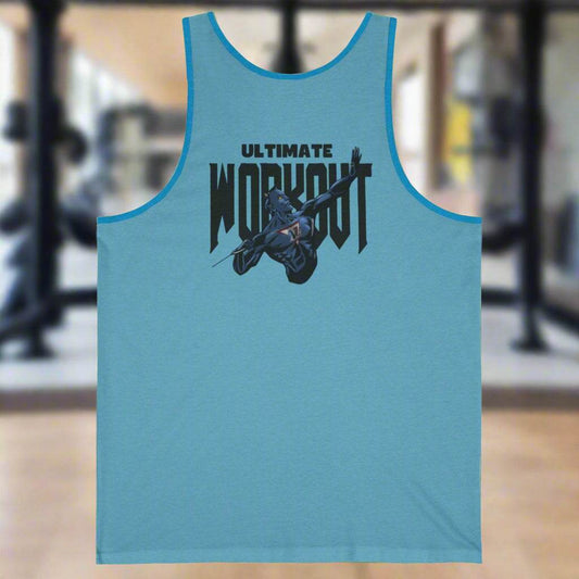 Blue unisex workout jersey tank top with "Ultimate Workout" text and graphic, ideal for gym and casual wear