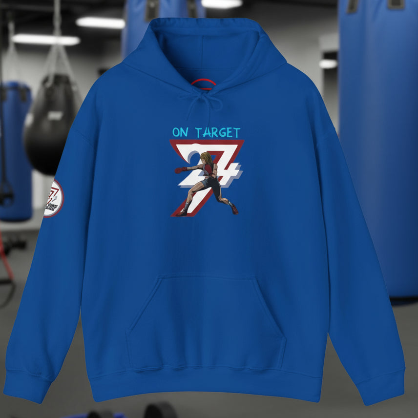 Blue women's boxing hoodie with feminine boxer illustration and adjustable hood