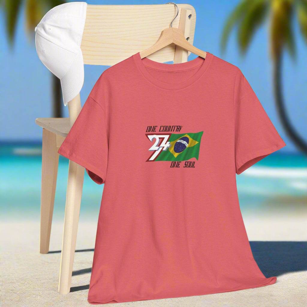 Brazil T-shirt Brazil flag tee brazilian tshirt by 24/7 Unique Designs coral silk