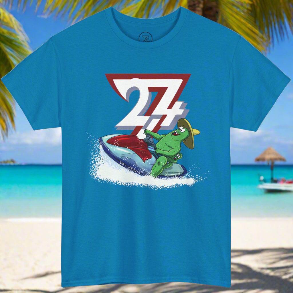 Blue cactus shirt with a cartoon cactus riding a jet ski and the number 27/7 design, perfect for summer and water sports fans.