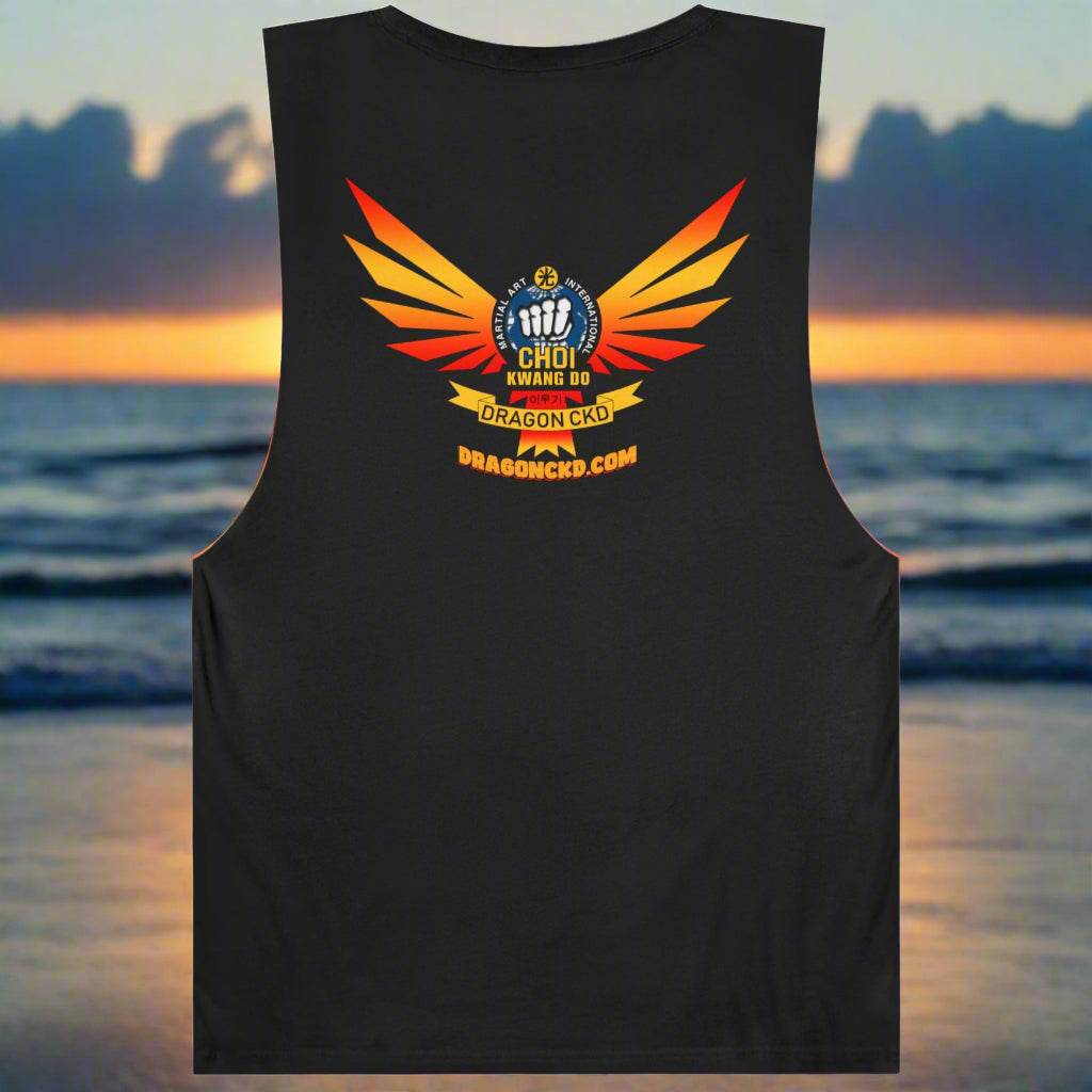 Choi Kwang Do martial arts tank top in black, back view showing Dragon CKD logo design