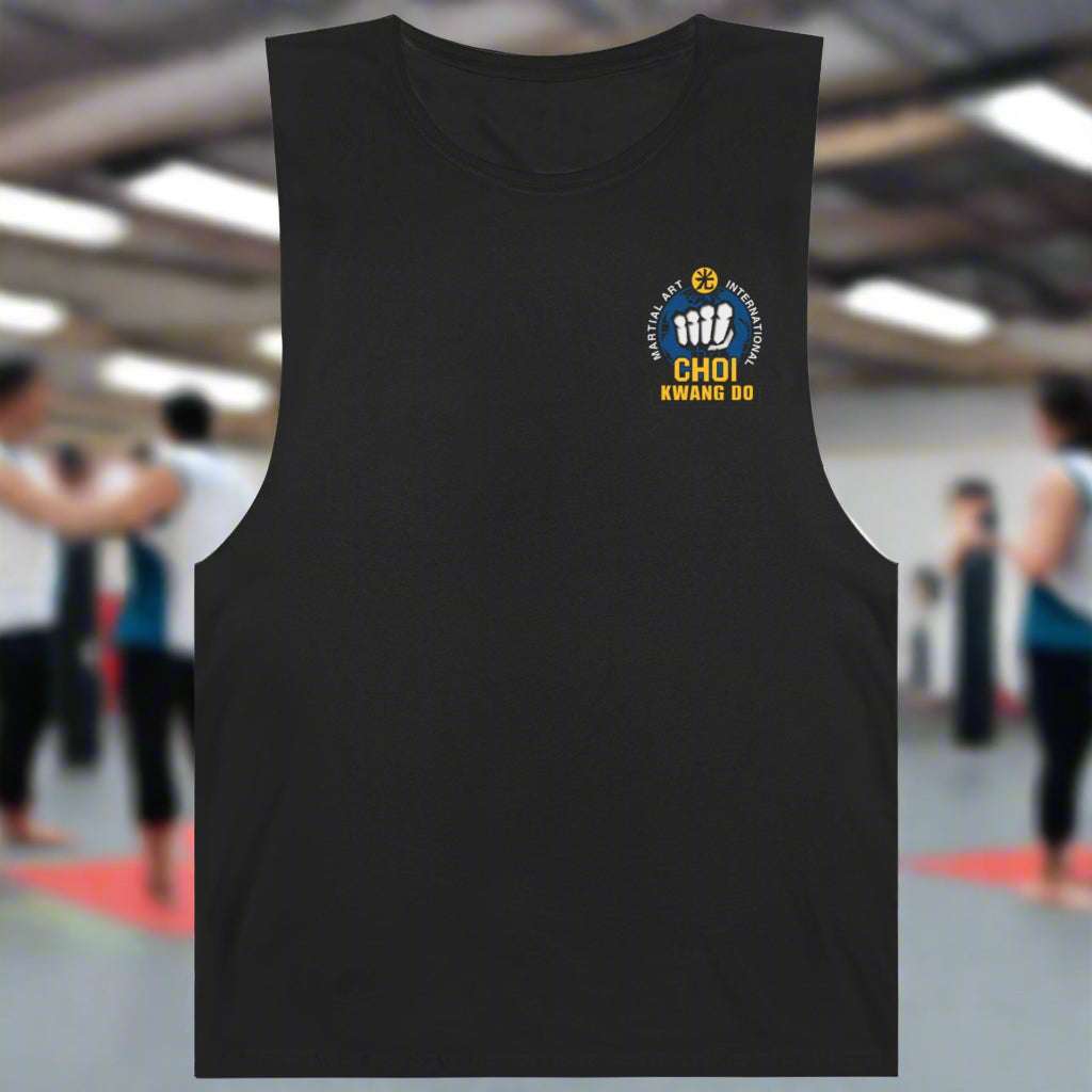 Choi Kwang Do martial arts tank top in black, front view showing logo design