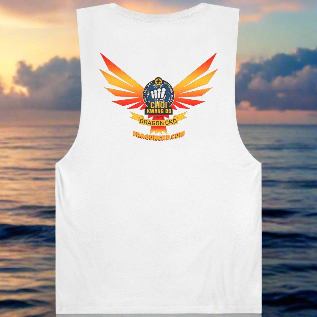 Choi Kwang Do martial arts tank top in white, back view showing Dragon CKD logo design