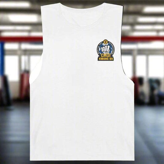 Choi Kwang Do martial arts tank top in white, front view showing logo design