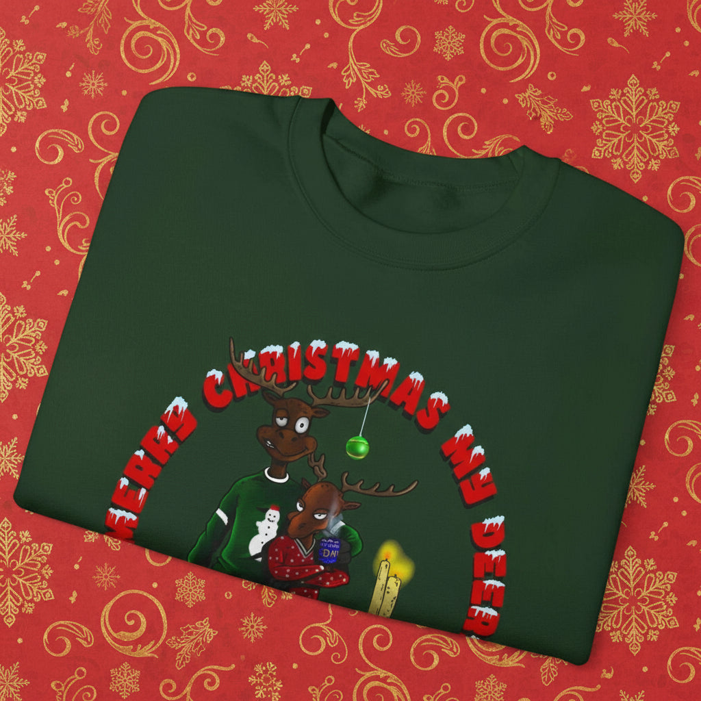Christmas Reindeer Sweatshirt Gift forest green folded