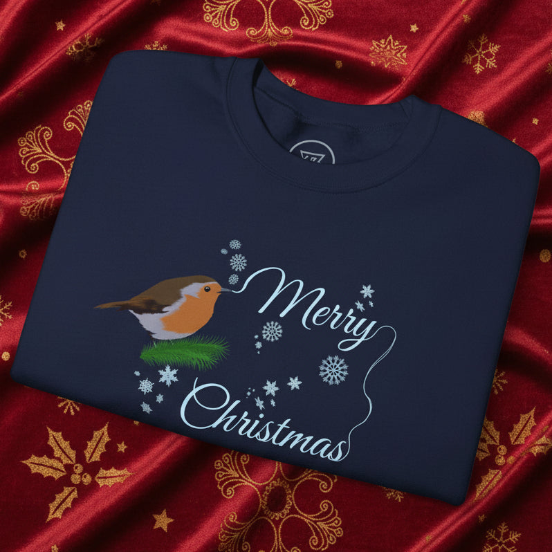 Christmas robin sweatshirt navy blue with festive bird and snowflake design on red holiday fabric background