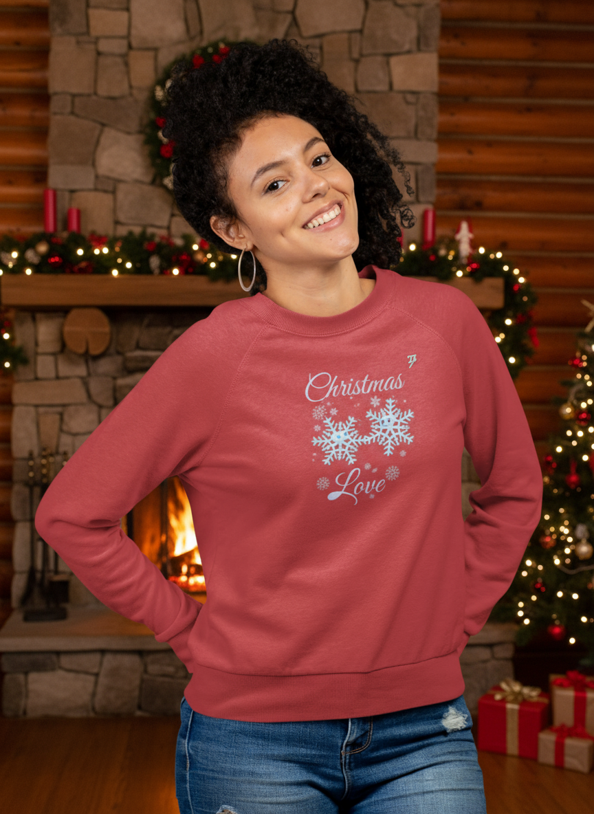 Christmas sweatshirt with snowflakes design, cozy unisex crewneck jumper for adults, festive holiday sweater with holiday decor background