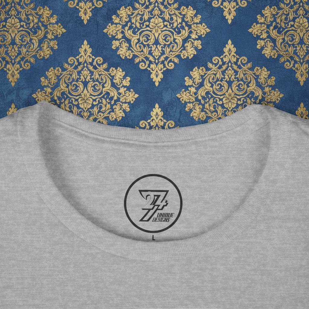 Close-up of grey t-shirt for women neckline with 24/7 Unique Designs logo and size L tag.