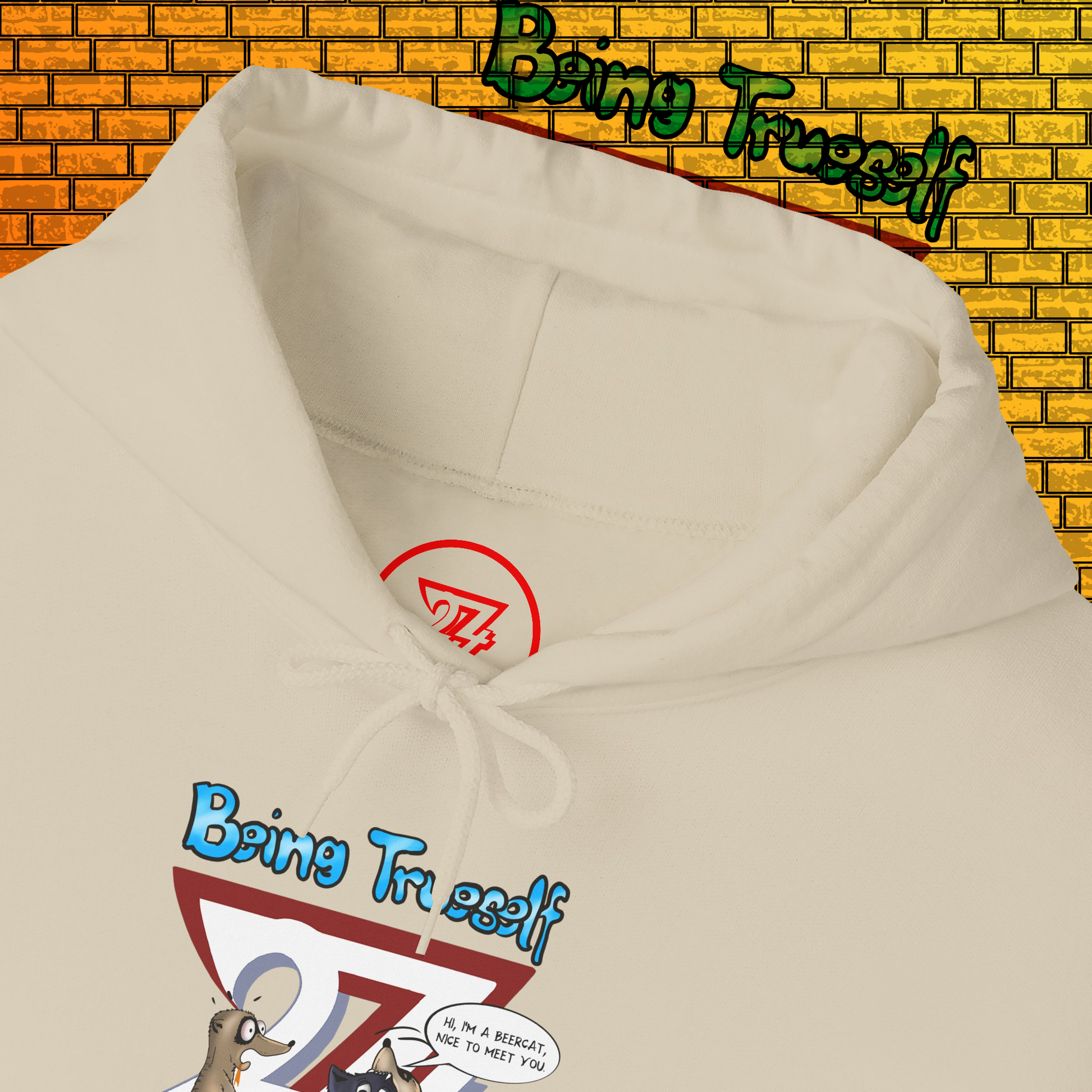 Close-up of white custom hoodie featuring cartoon meerkat and cat illustration with "Being True-self" text and drawstring hood