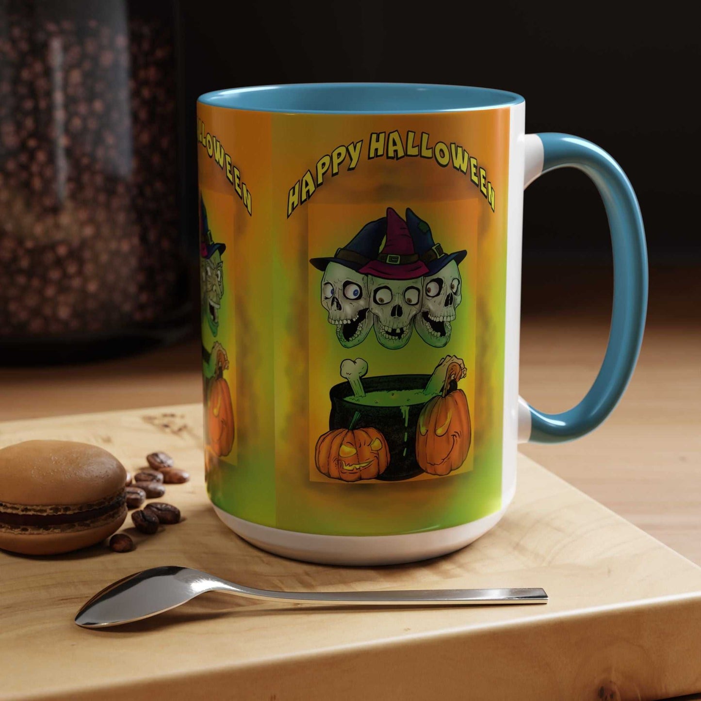 Coffee Mug - Witches and Skulls Halloween Mug with vibrant design, ideal for spooky season.