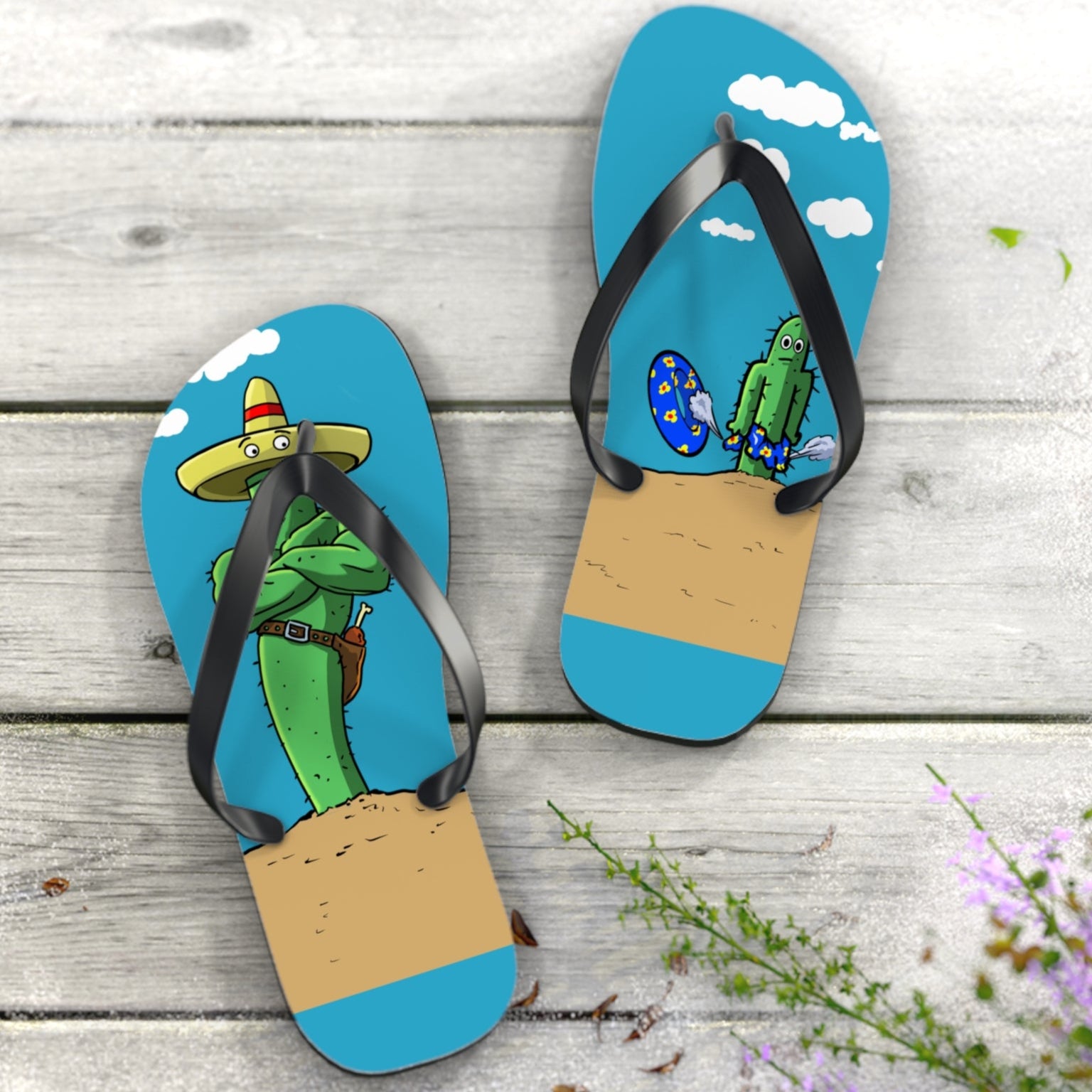 Comfortable funny flip flops with cactus design - unique summer beach sandals