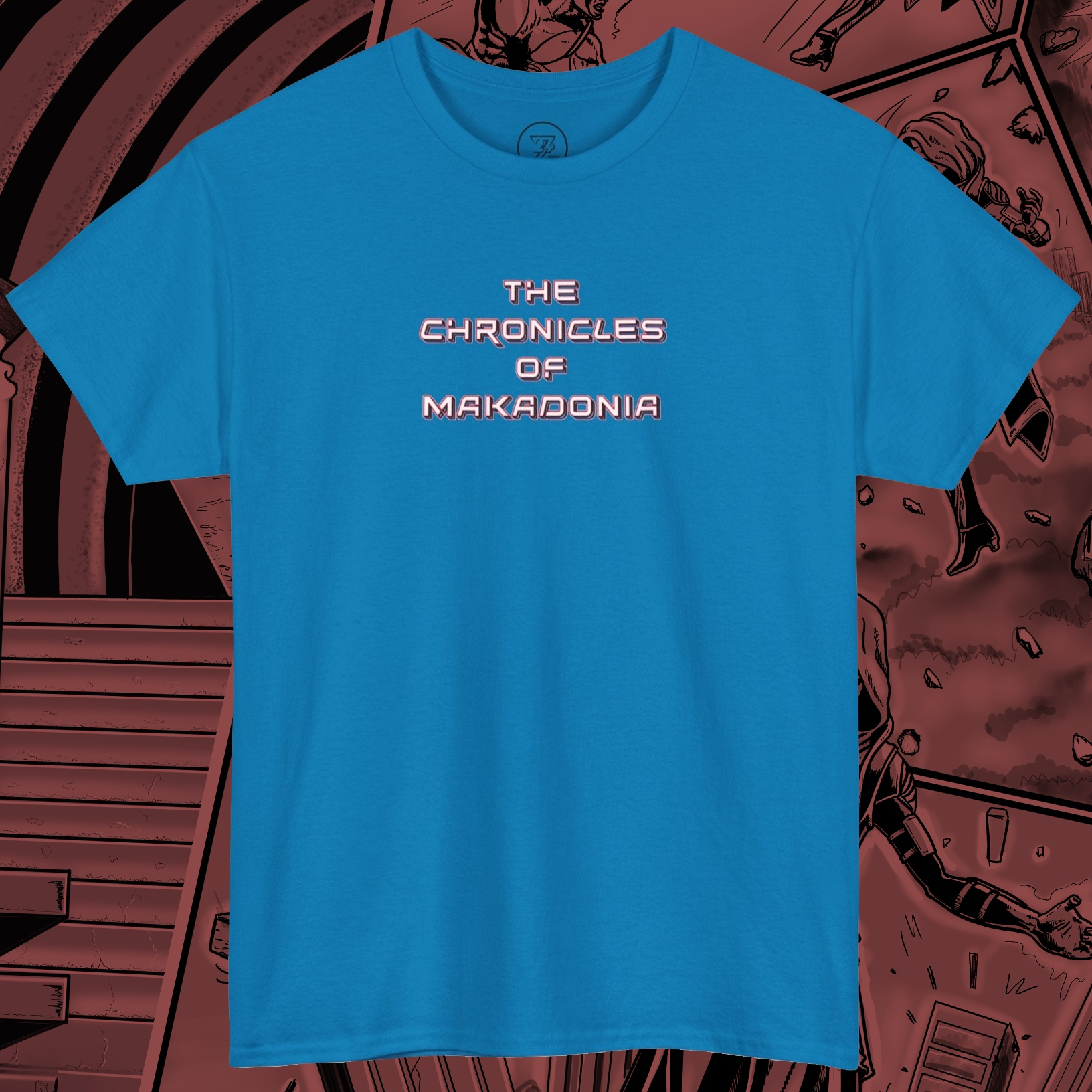 Comic Tee in sapphire color variant with Makadonia Comics graphic print, front view