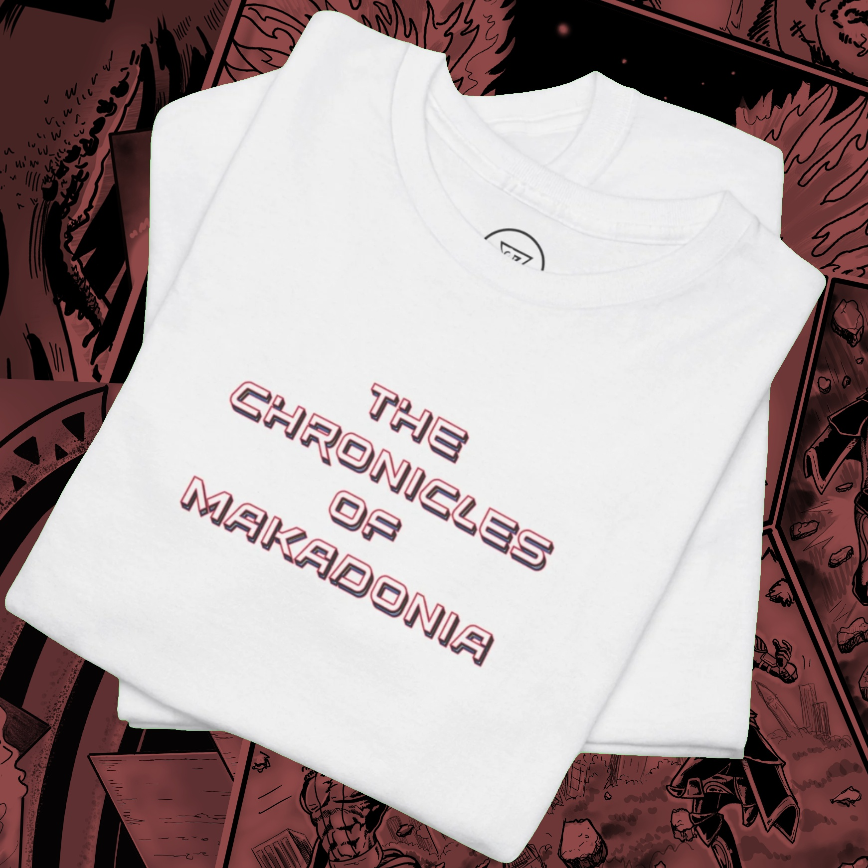 Comic Tee in white color variant with Makadonia Comics graphic print, front view