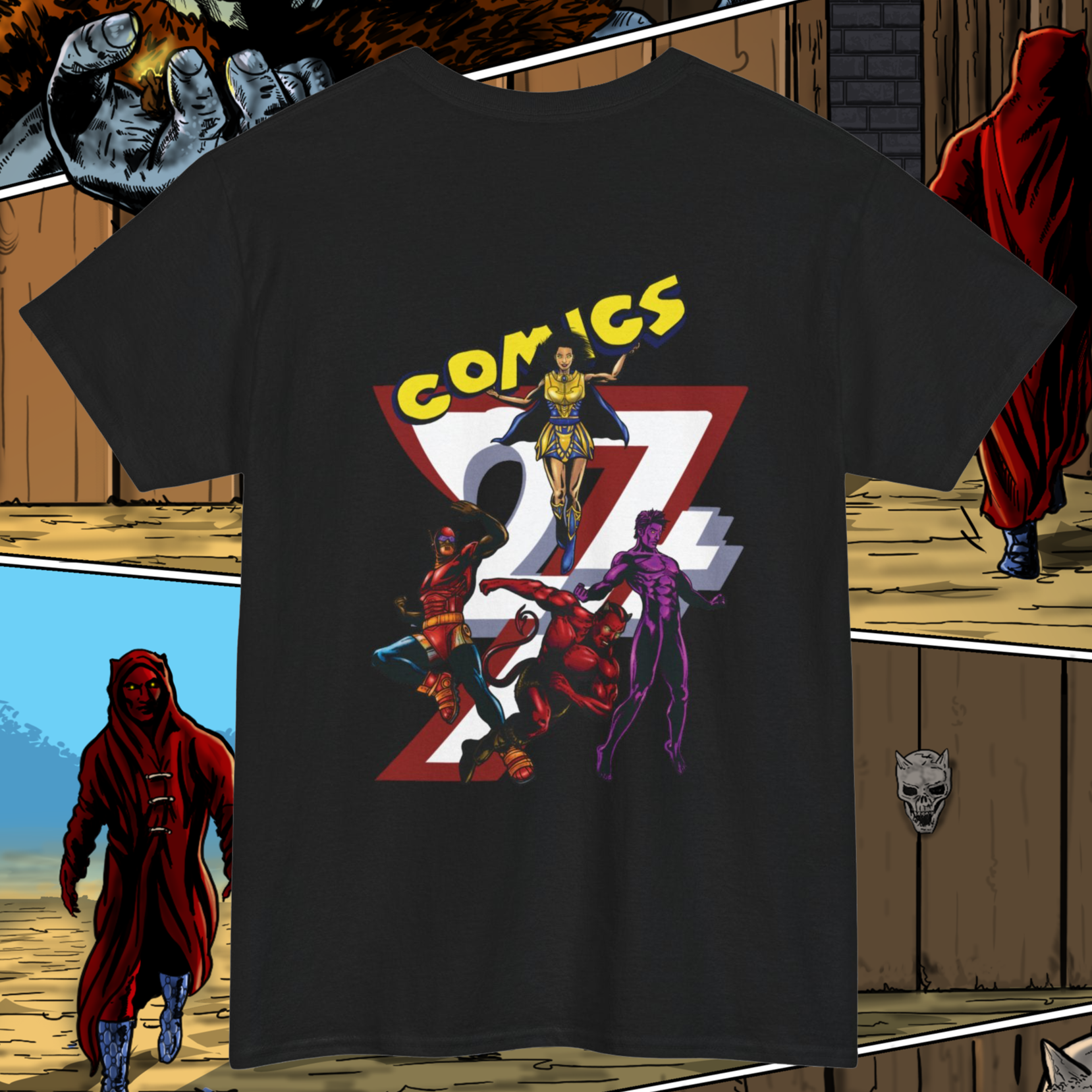 Comic character t-shirt black back view