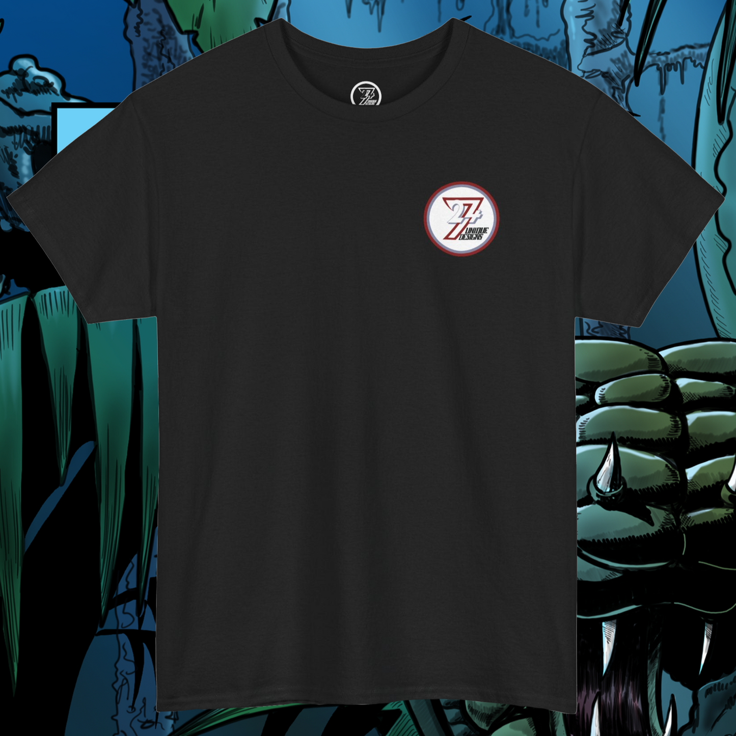 Comic character t-shirt black front view
