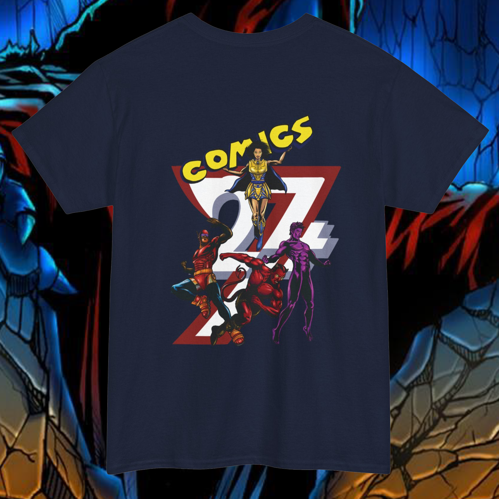 Comic character t-shirt navy blue back