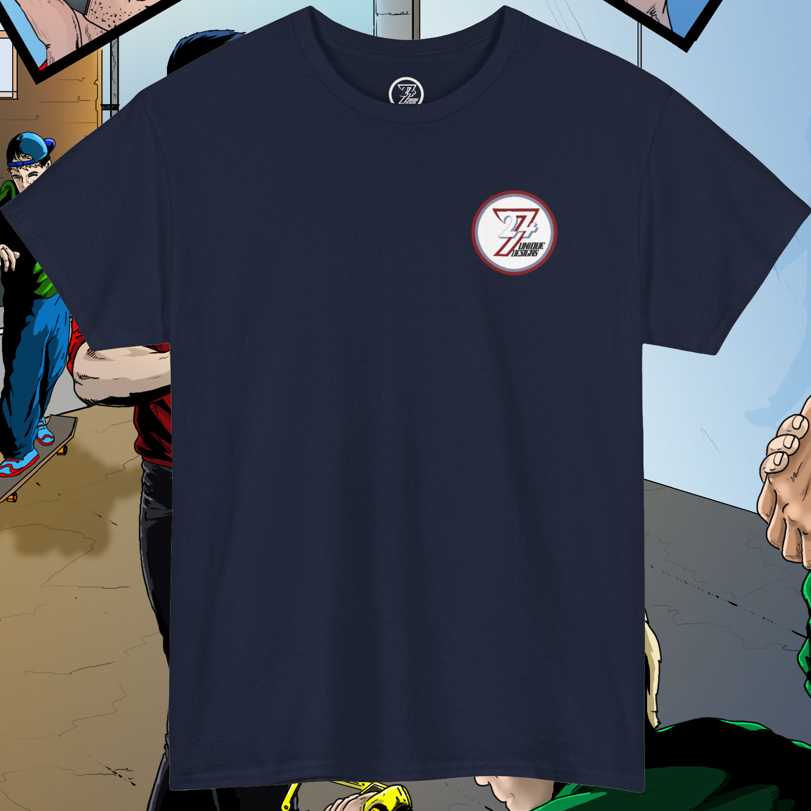 Comic character t-shirt navy blue front view