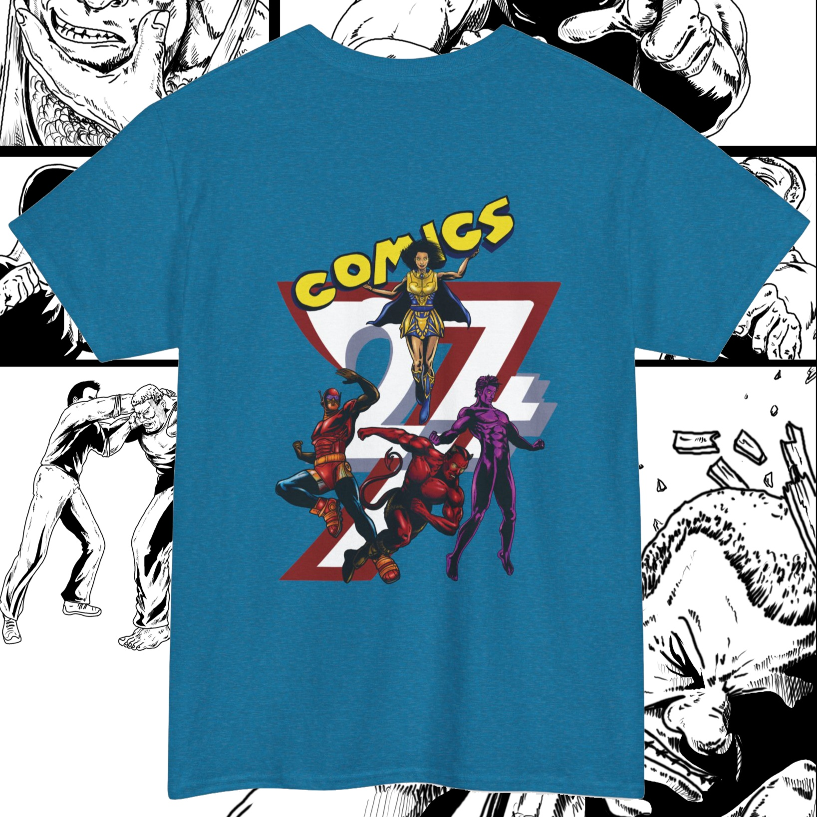 Comic character t-shirt superheroes comics tee by 24/7 Unique Designs antique sapphire back