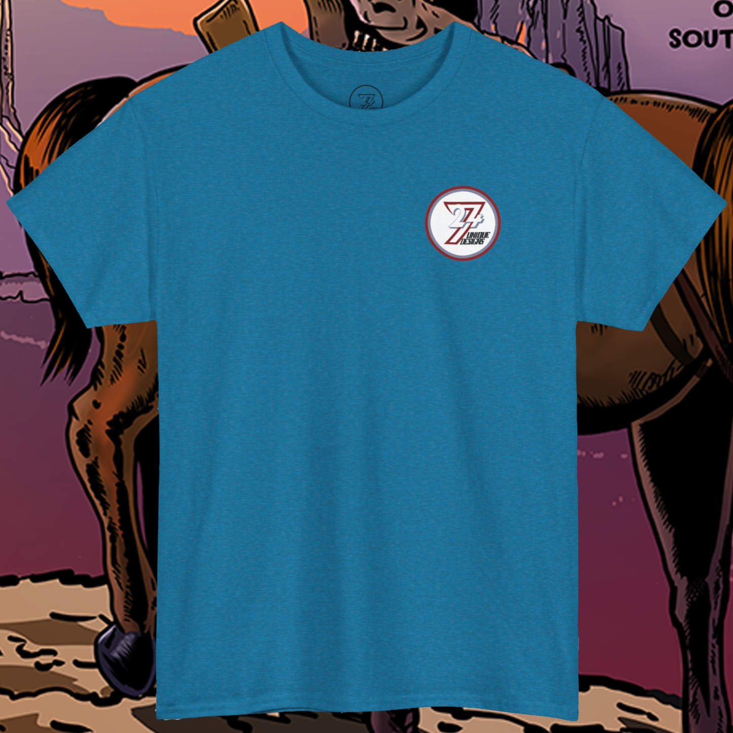 Comic character t-shirt superheroes comics tee by 24/7 Unique Designs antique sapphire front