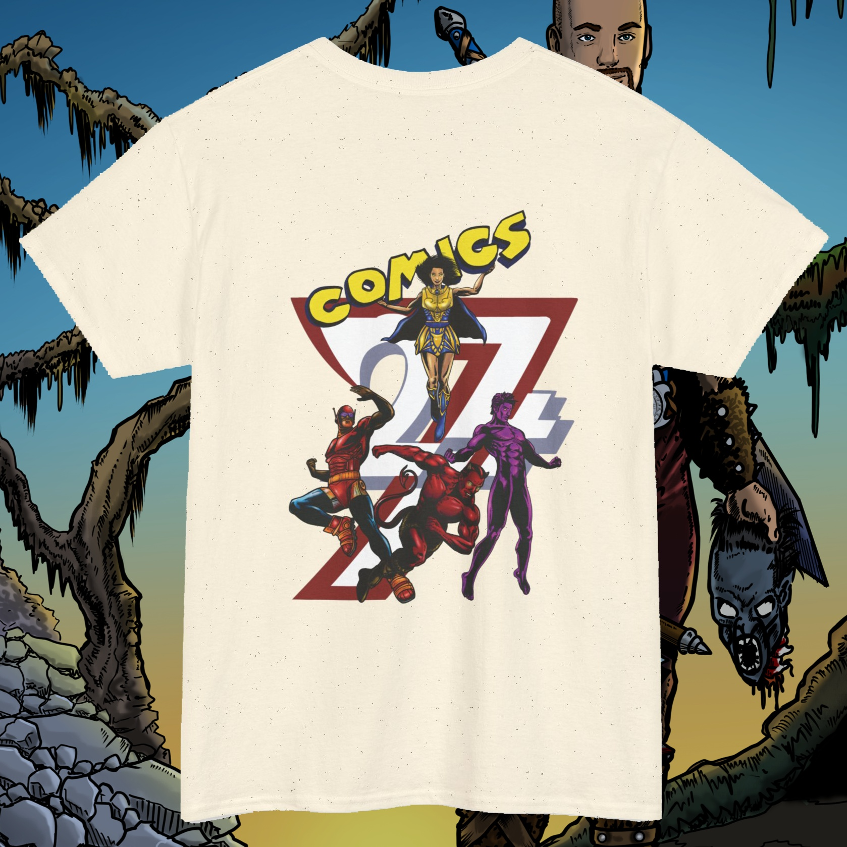 Comic character t-shirt superheroes comics tee by 24/7 Unique Designs natural back