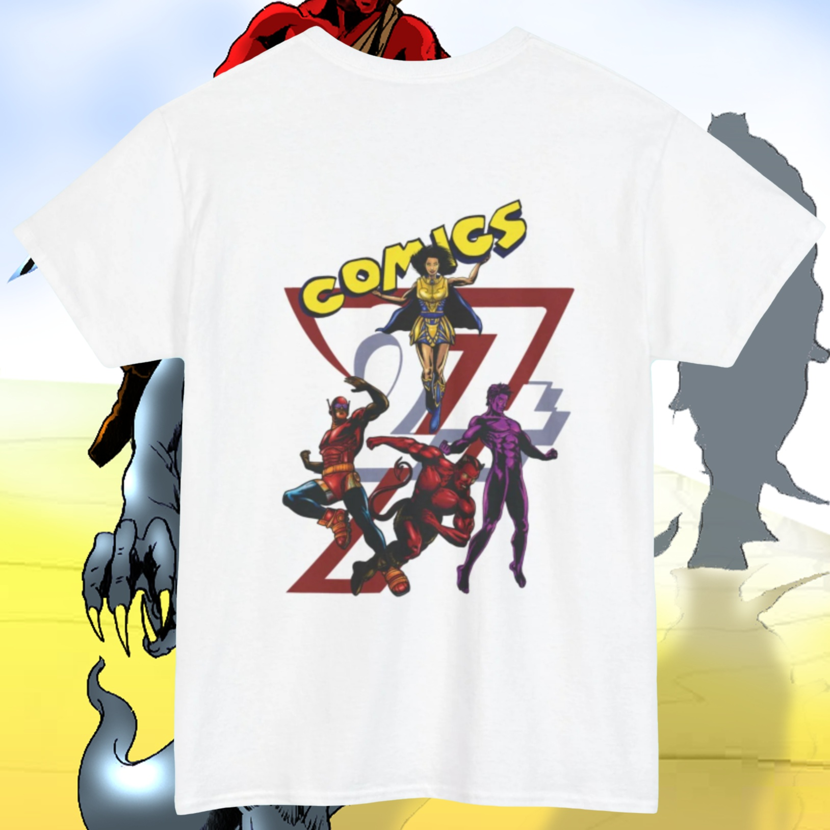 Comic character t-shirt superheroes comics tee by 24/7 Unique Designs white back