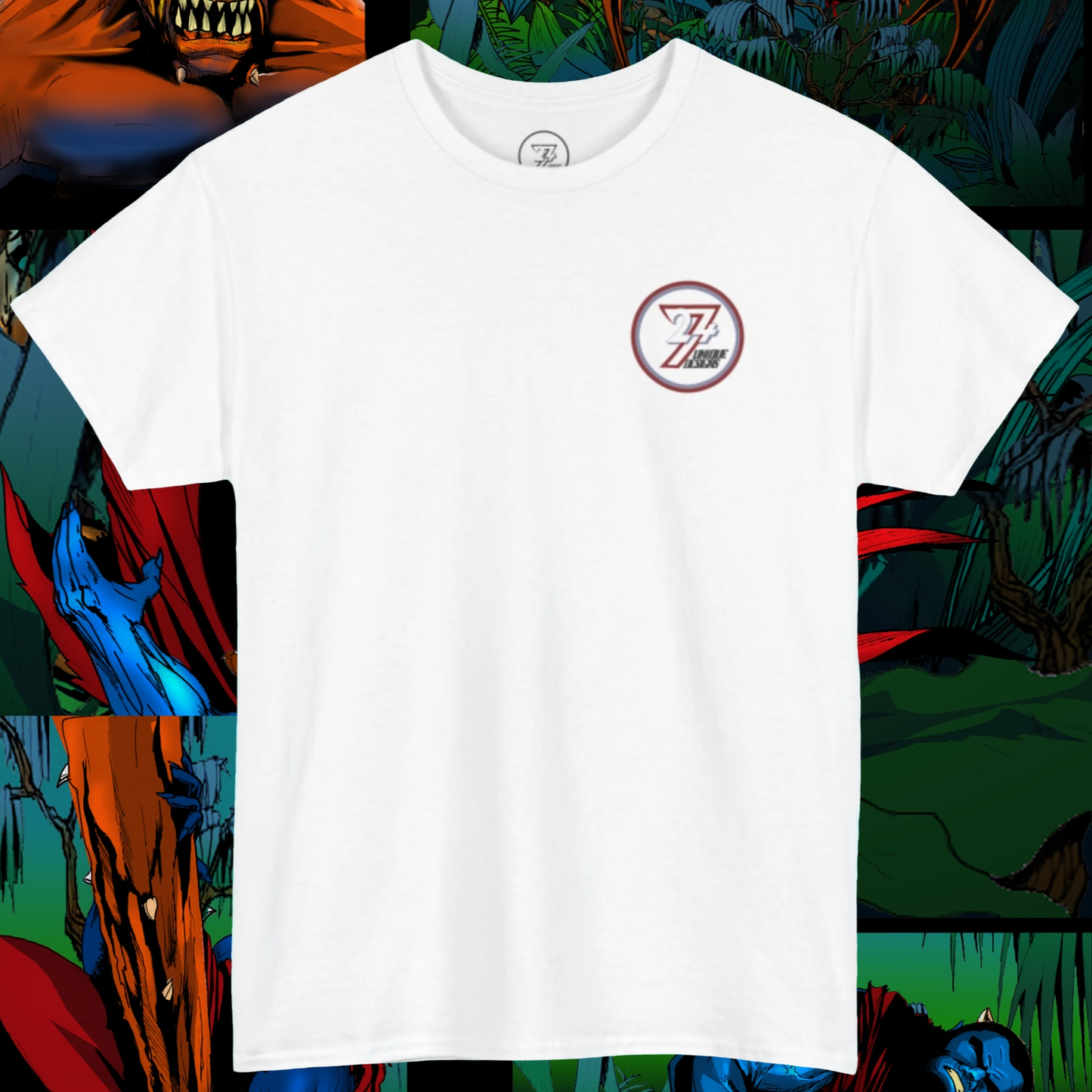 Comic character t-shirt superheroes comics tee by 24/7 Unique Designs white front