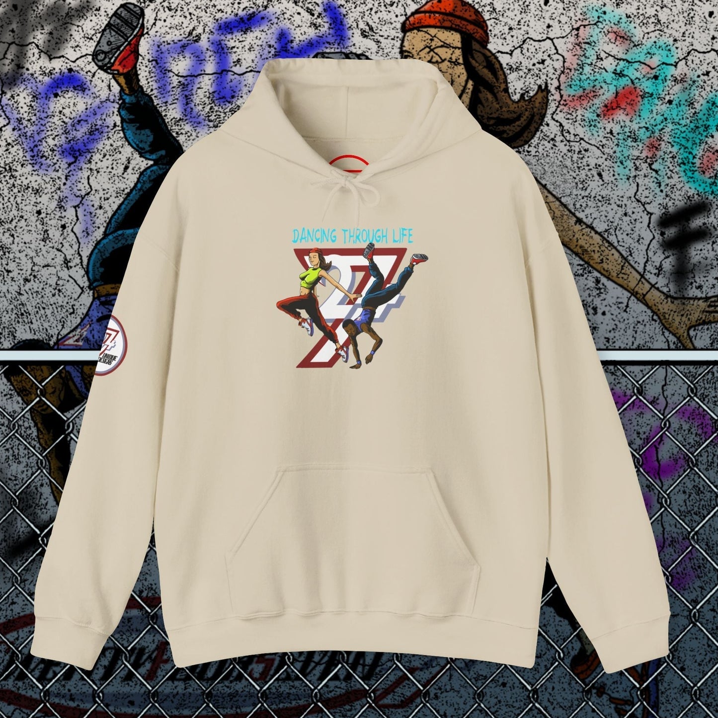 Cream streetwear hoodie with dancing graphic and kangaroo pocket for urban dancers and TikTok fans