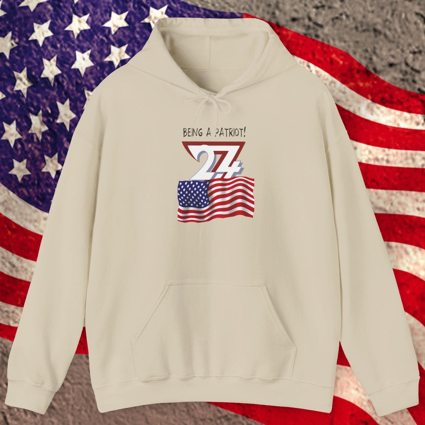 Cream usa flag hoodie with patriotic hand-drawn design and kangaroo pouch pocket