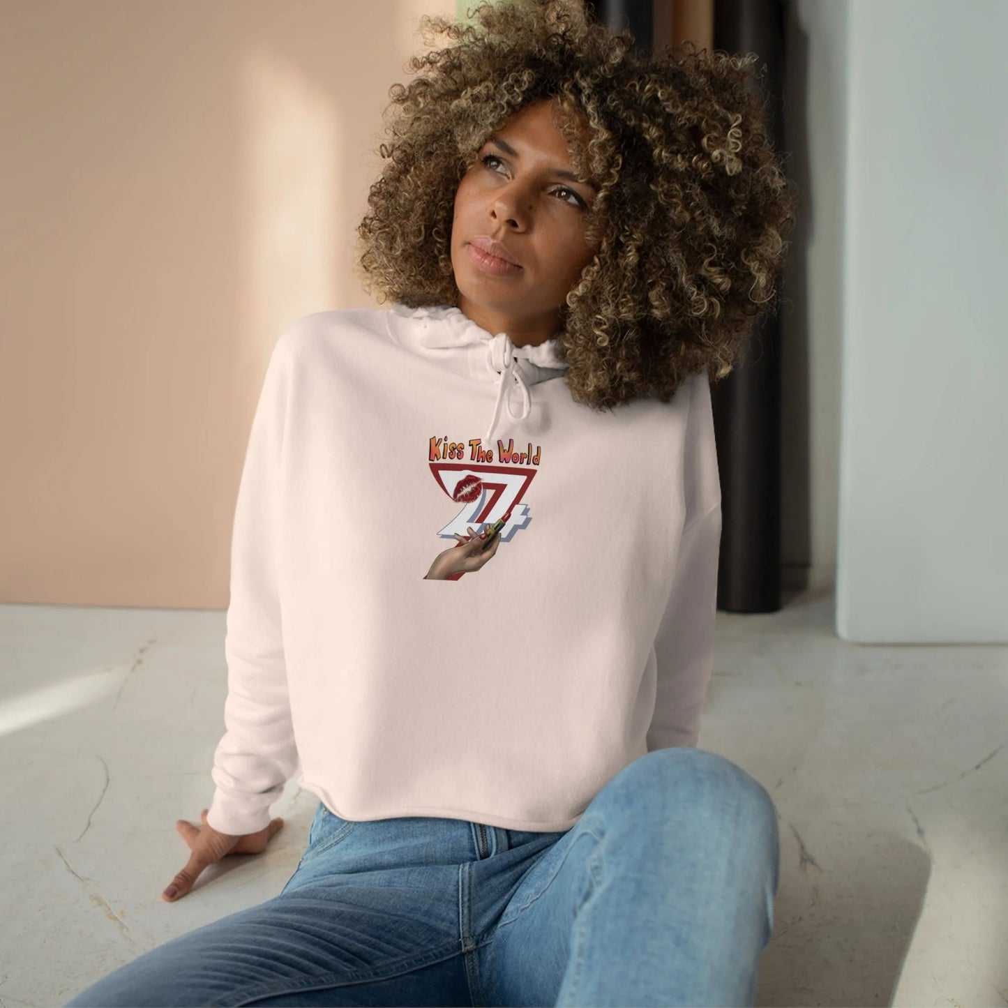 Crop Hoodie crop top women hoodie with lipstick on hoodie printed top pale pink front woman
