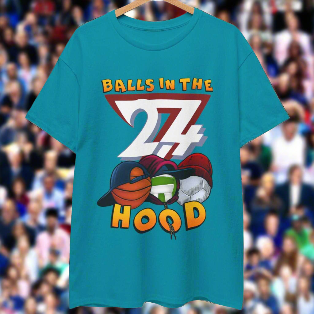 Custom t-shirt Balls in the Hood printed tee by 24/7 Unique Designs tropical blue