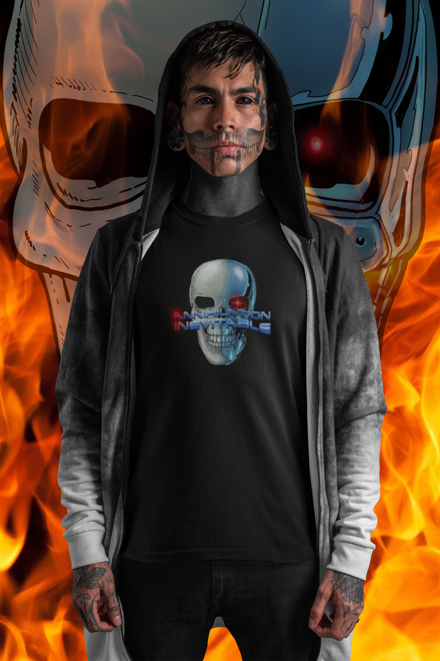 Cyborg T-shirt with skull and "Annihilation Inevitable" text, futuristic anti AI design on black fabric.