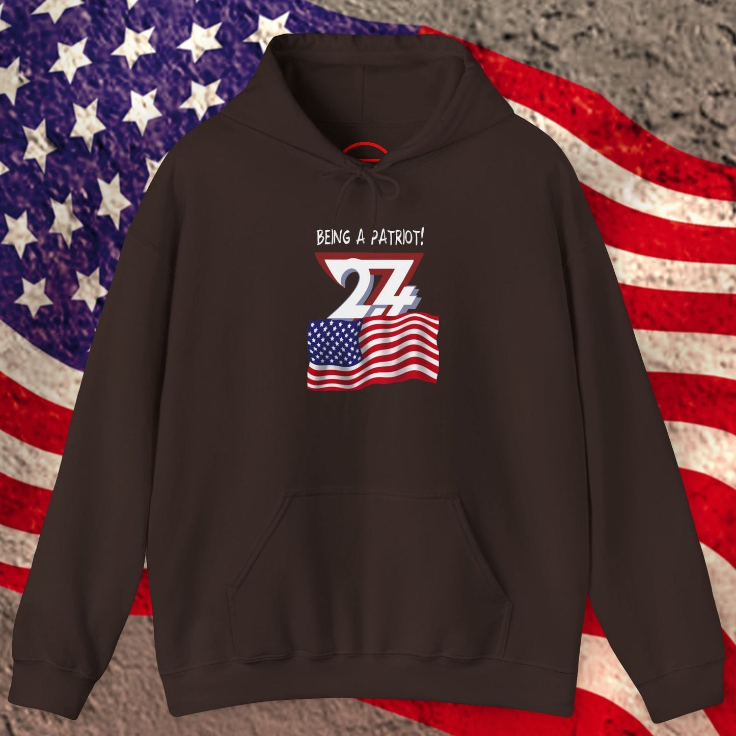 Dark chocolate usa flag hoodie with 'Being a Patriot' text and flag design on an American flag background