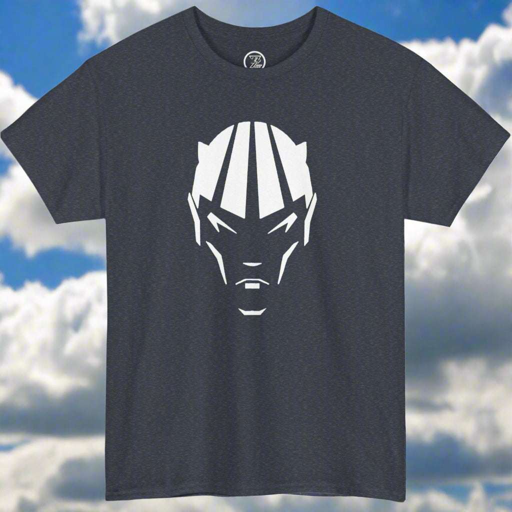 Dark gray devil shirt with white comic character head design on front against sky background
