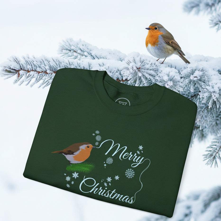 Dark green Christmas robin sweatshirt with festive bird and snowflake design on snowy pine branch background