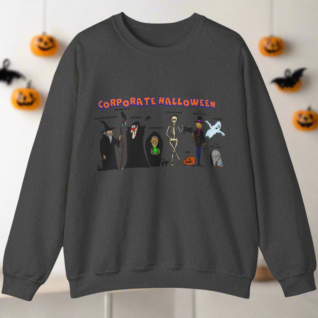 Dark grey Halloween sweatshirt with funny "Corporate Halloween" design featuring spooky characters, perfect gift for colleagues.