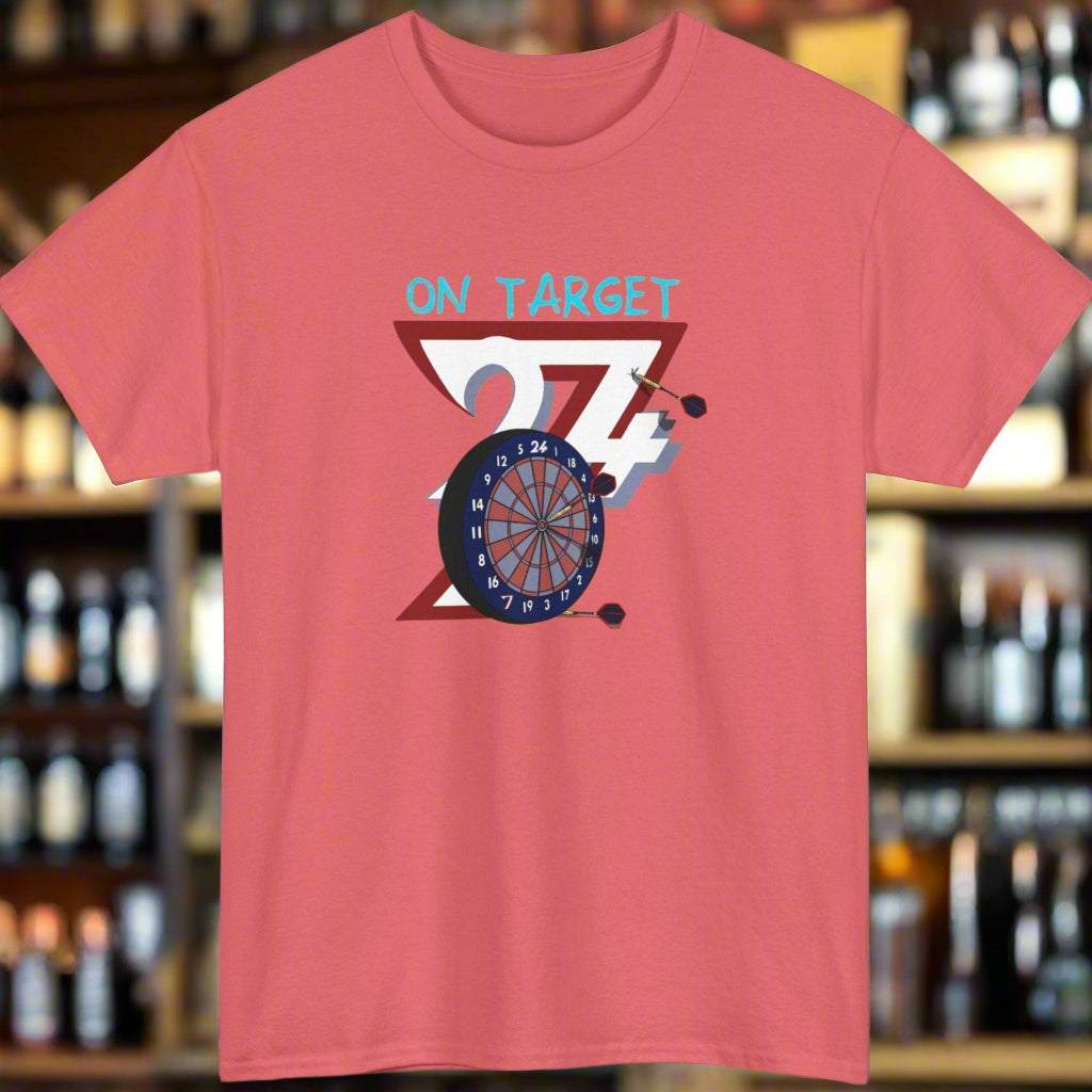 Darts T-shirt bullseye darts tee sport t-shirt  by 24/7 Unique Designs coral silk