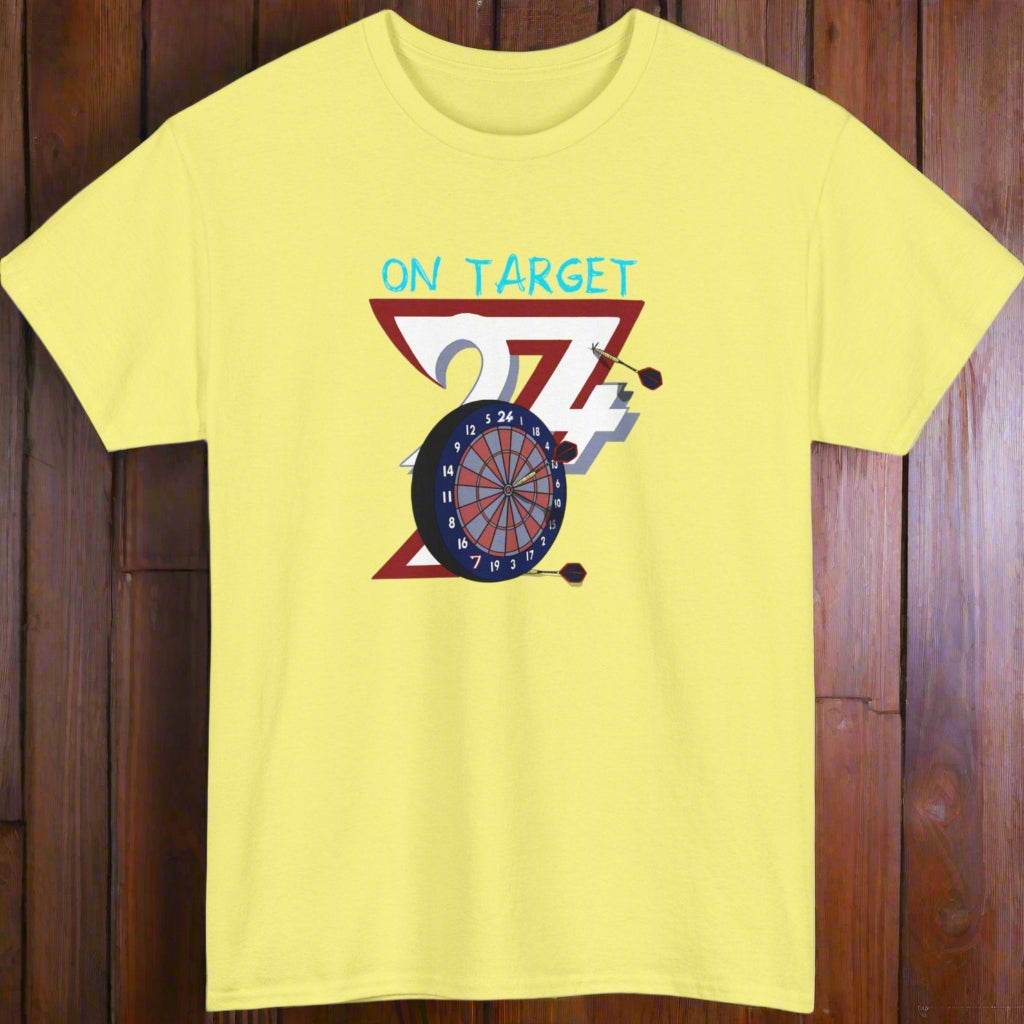 Darts T-shirt bullseye darts tee sport t-shirt  by 24/7 Unique Designs corn silk