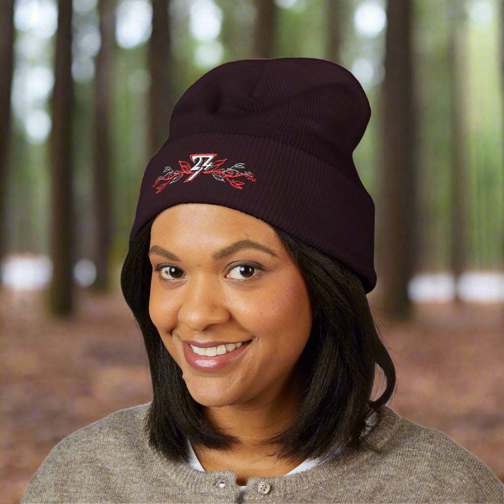 Embroidered beanie brown front by 24/7 Unique Designs
