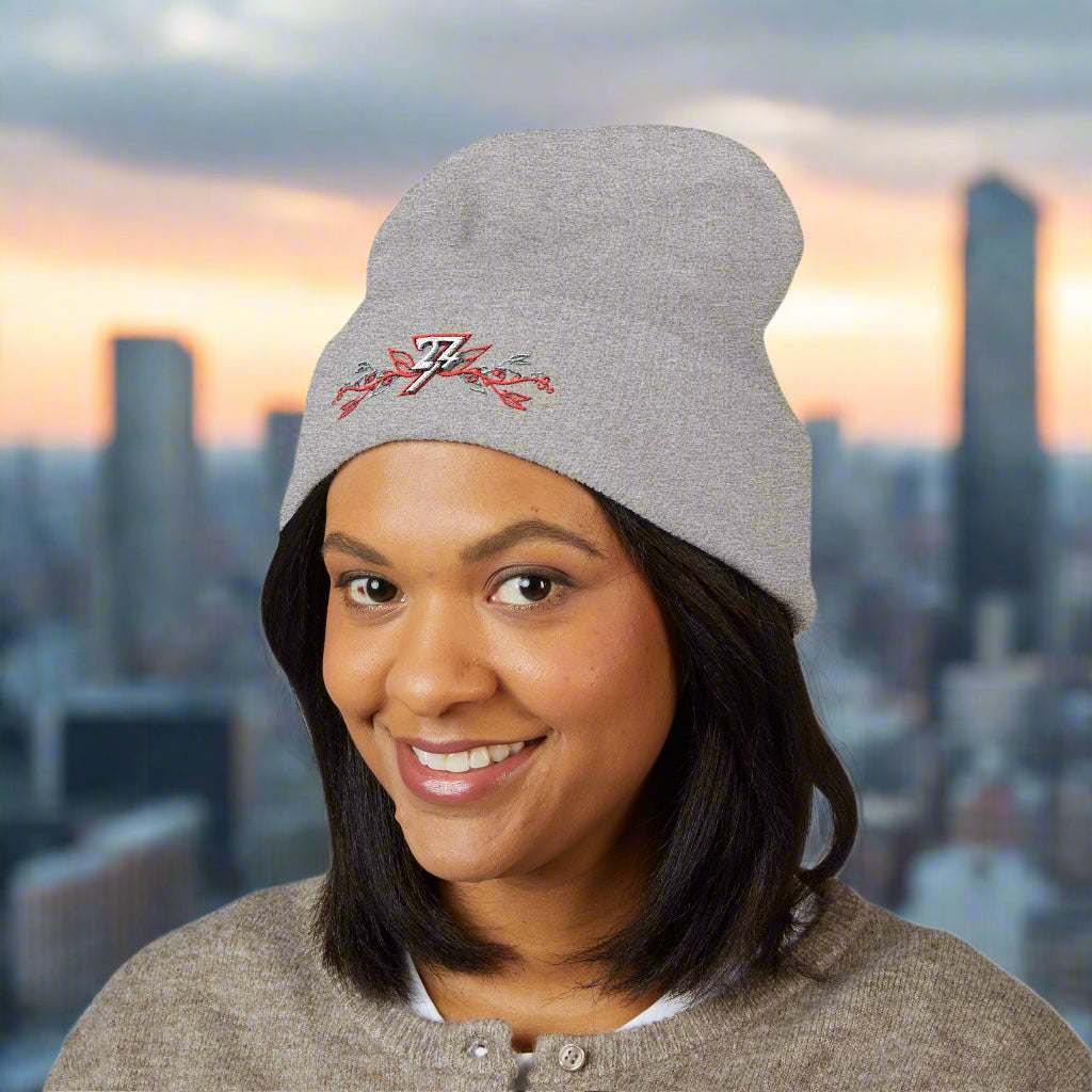 Embroidered beanie heather grey front by 24/7 Unique Designs