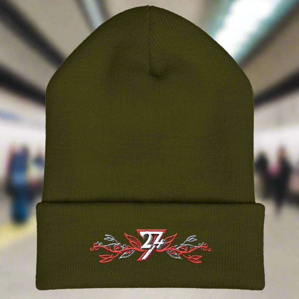 Embroidered beanie olive by 24/7 Unique Designs