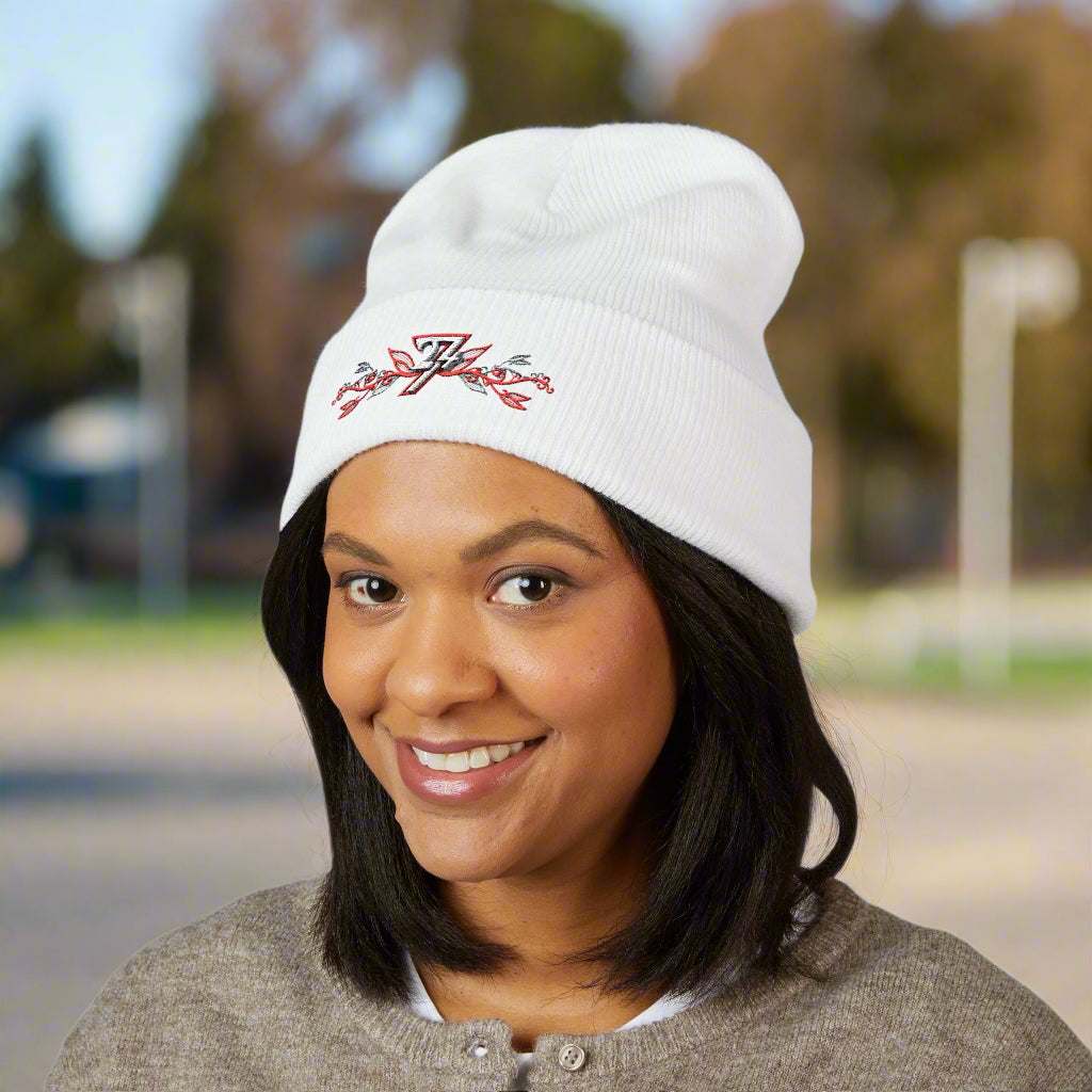 Embroidered beanie white front by 24/7 Unique Designs