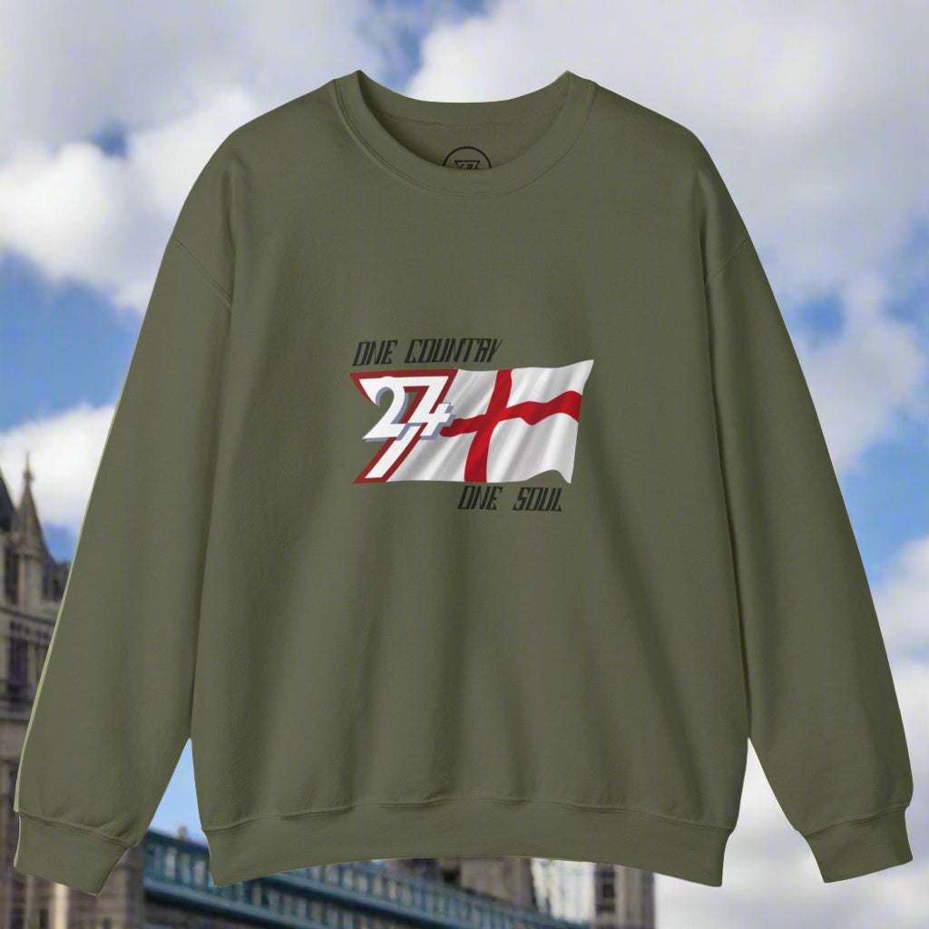 Green England sweatshirt with unique England flag design and slogan One Country One Soul