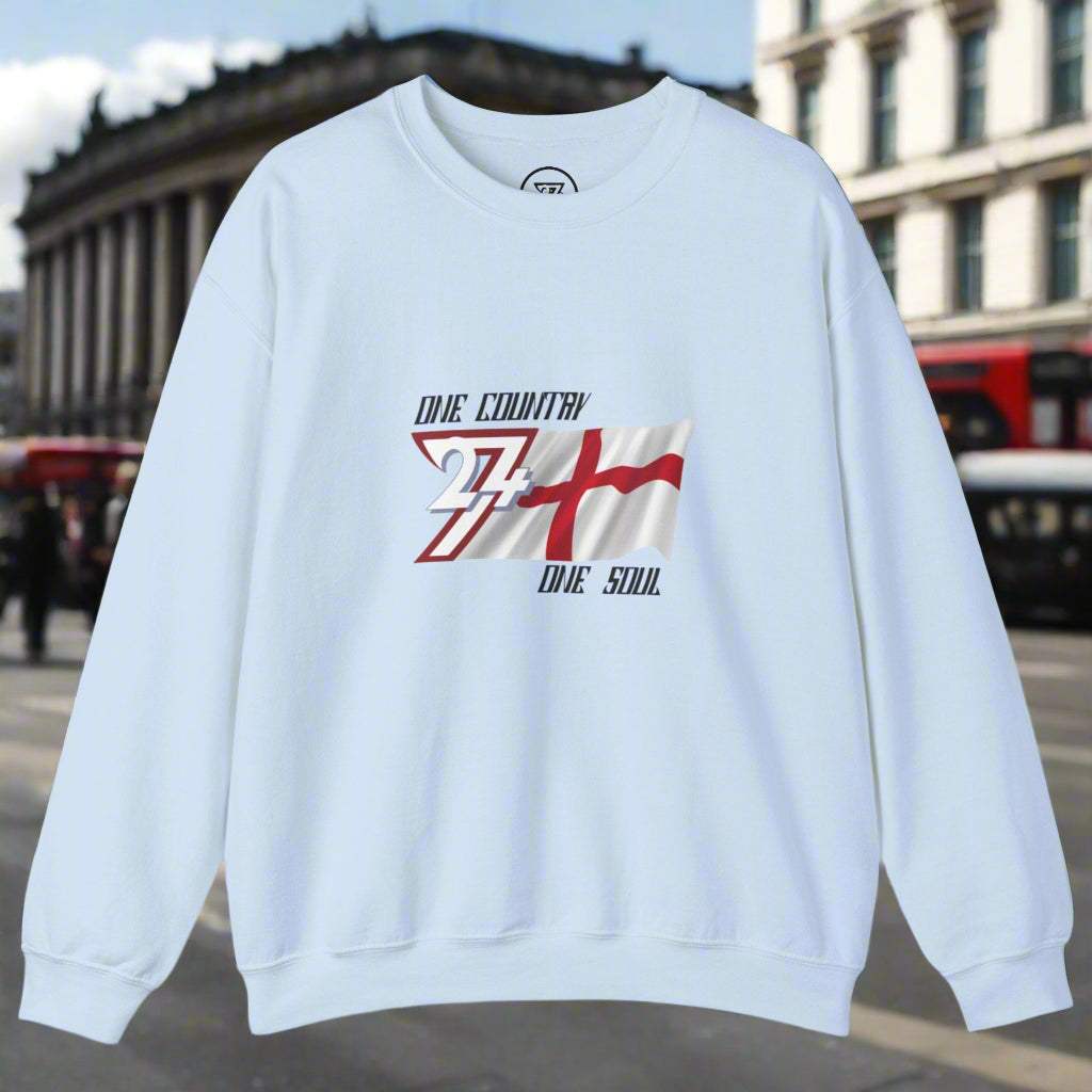 White England sweatshirt with unique England flag design and slogan "One Country One Soul" on front, crew neckline, long sleeves, and cozy fit.