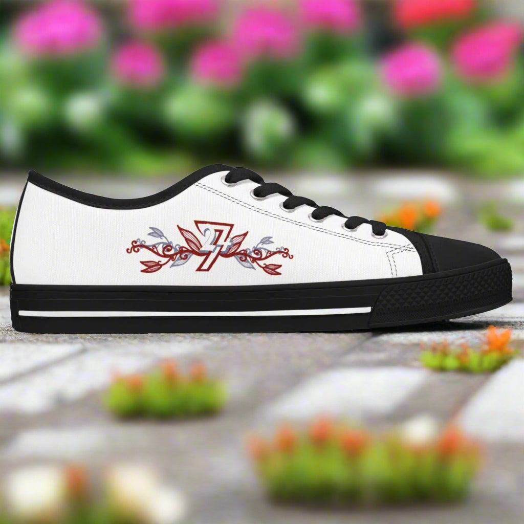 Floral Women Sneakers with Black Sole - Right Outside View of Flower Pattern Shoes