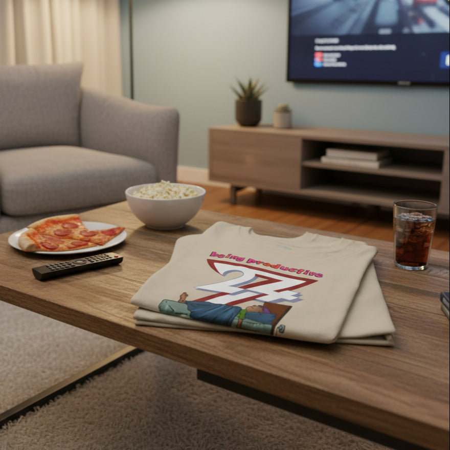 Folded beige funny tee for teenagers with vibrant "being productive 24/7" lazy design illustration