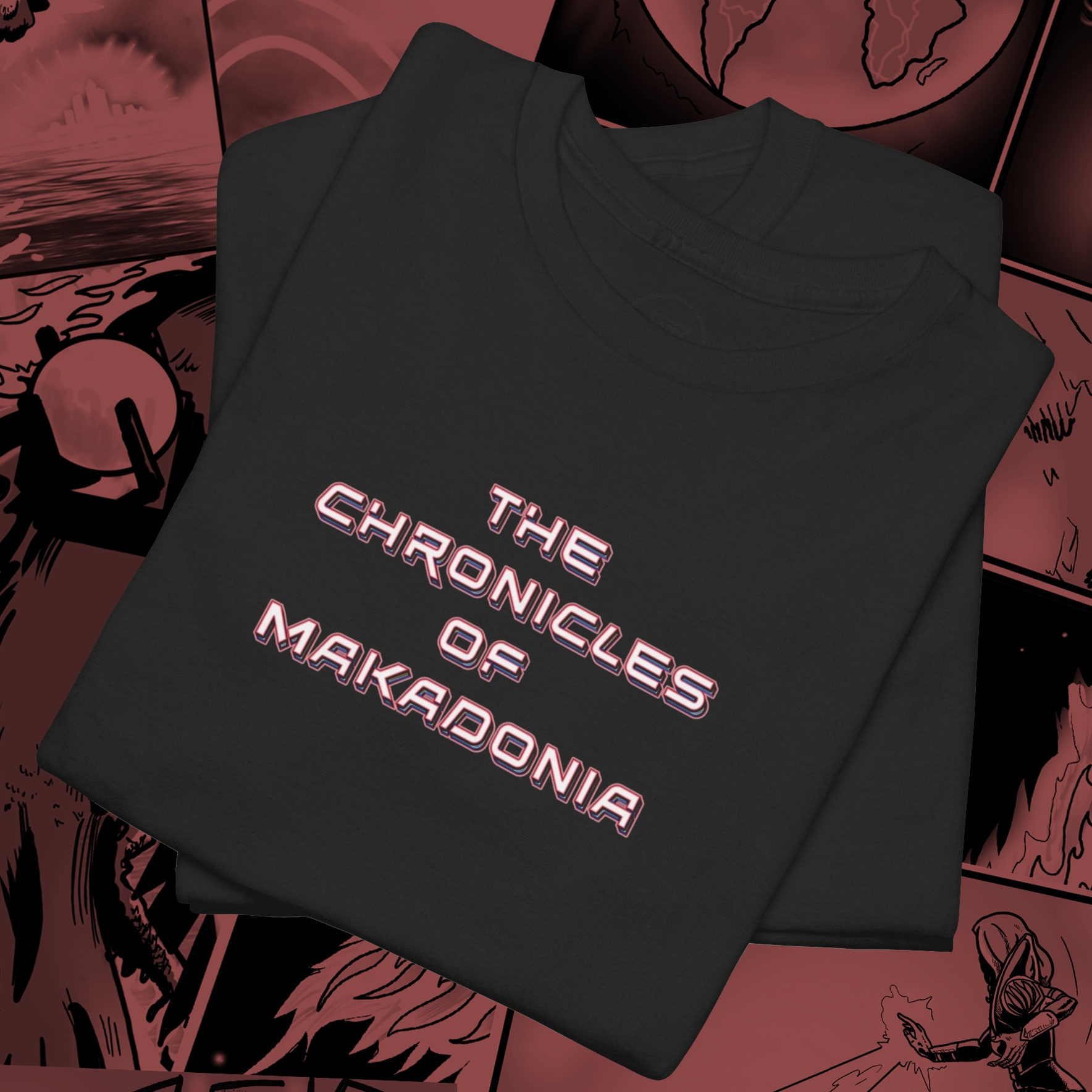 Folded black Comic Tee showing fabric texture and collar detail of Makadonia Comics shirt