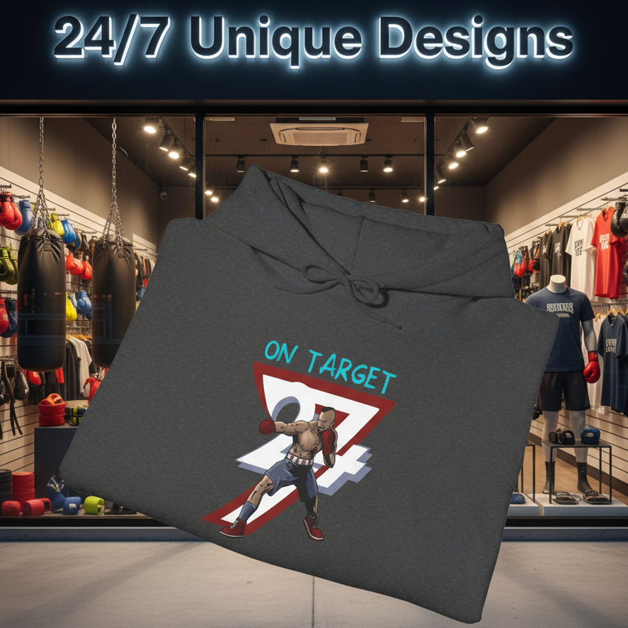 Folded dark grey boxing hoodie with a graphic of a boxer and text "ON TARGET" on the front